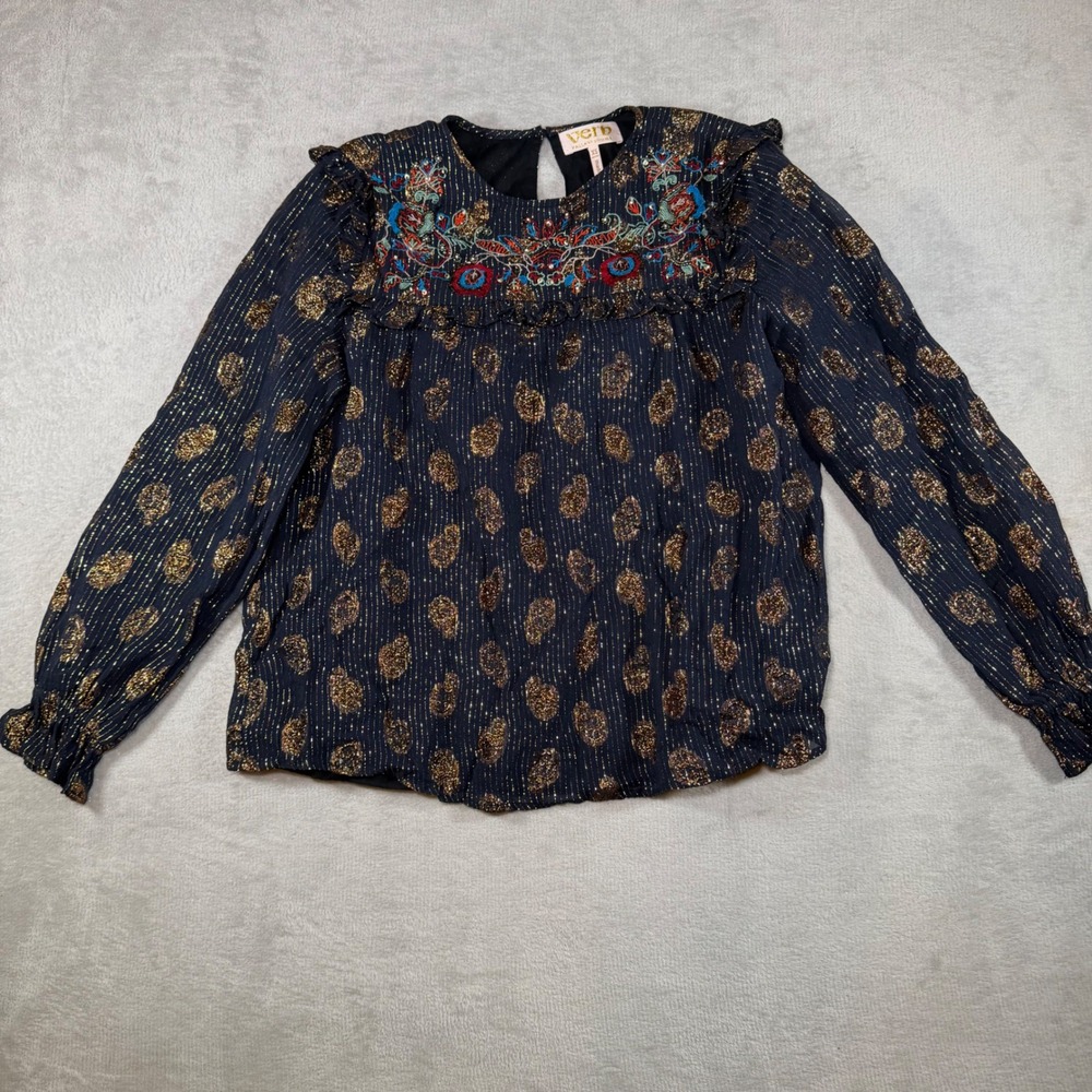 Verb Pallavi Singhee Navy Gold‎ Metallic Paisley Embroidered Ruffle Blouse XS